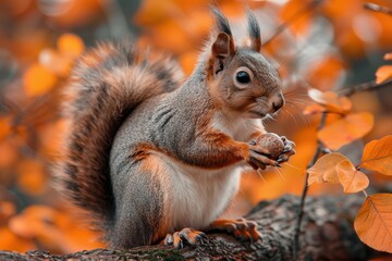Obraz premium A bushy-tailed squirrel holding an acorn, sitting on a tree branch. The background shows autumn leaves in vibrant colors 