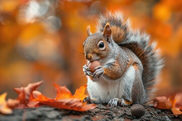 Obraz premium A bushy-tailed squirrel holding an acorn, sitting on a tree branch. The background shows autumn leaves in vibrant colors 