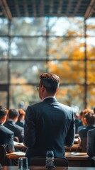 A person giving a business presentation to a diverse audience in a well-lit, modern conference room with large windows and a scenic outdoor view.