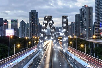 Rush hour in futuristic city with AI enhanced transportation system, depicting seamless urban mobility and smart roads.