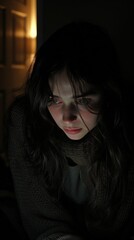 Fototapeta premium A focused individual is working on a laptop in a dimly lit room. The close-up image captures their deep concentration. The warm light from a door partially illuminates the background.