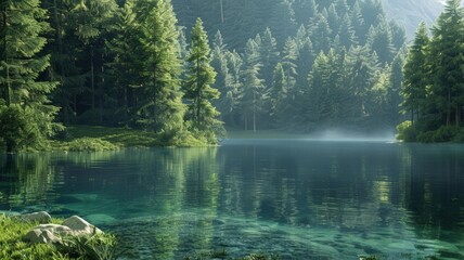 Obraz premium A peaceful lake enveloped by towering trees. The mist adds an ethereal touch to the scenery.