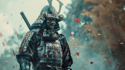 Fototapeta premium Photo of a samurai in traditional armor. AI generated.