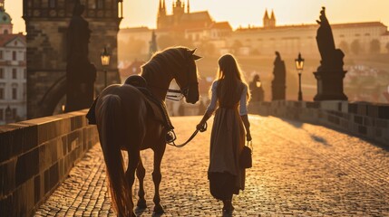 Lifestyle portrait of a beautiful Medieval lady walk with her horse in Prague city in Czech Republic in Europe.