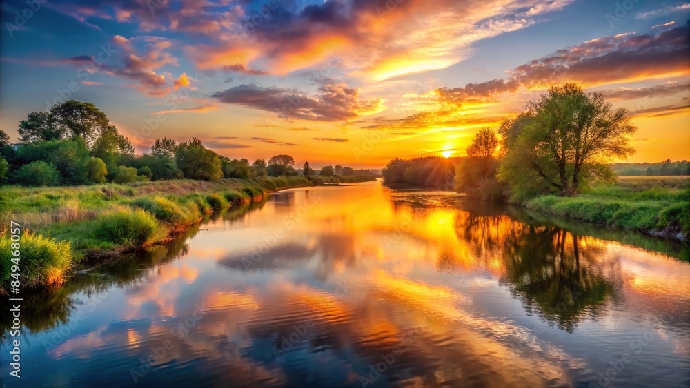 Wall mural sunset casting a warm glow over the tranquil river, sunset, river, water, reflection, nature, dusk,  - Wall murals
