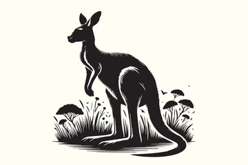 Black and White Kangaroo silhouette vector illustration.