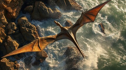 Fototapeta premium Flying dinosaur, Pterodactyl, flying high in sky over sea coast. Photorealistic.