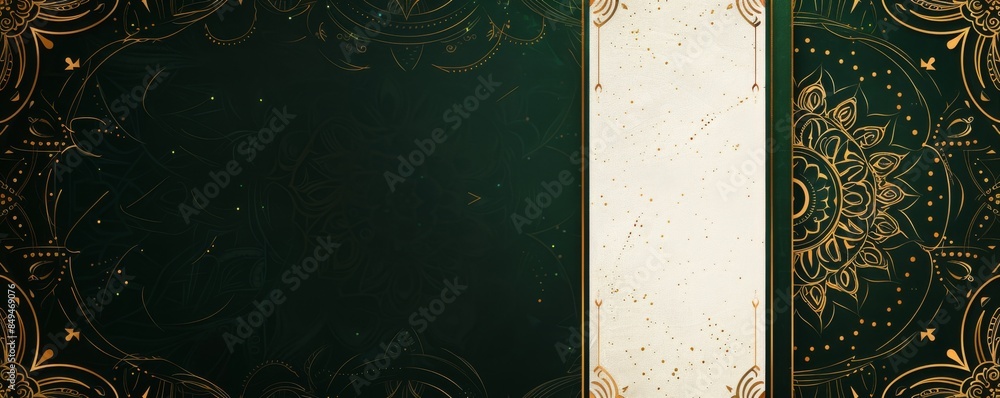 Poster elegant playing card back design with intricate gold patterns on a dark green background