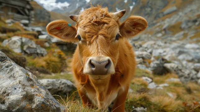A close-up, ultra-wide shot of a young cow walking from a barn on a farm. The background features rocky terrain and mountains under a cloudy sky.