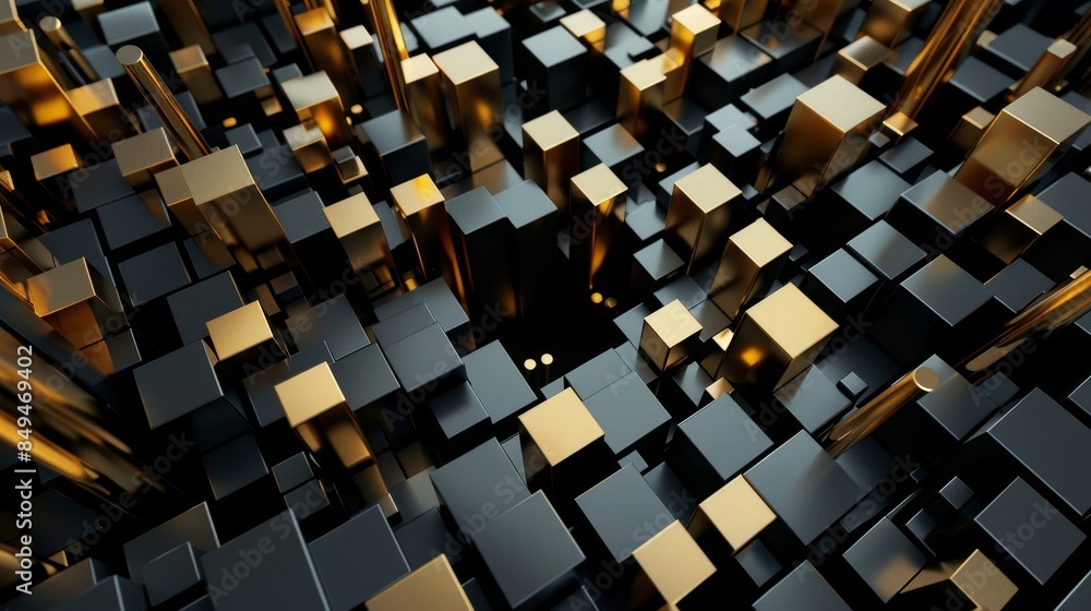 Aufkleber elegant 3d render of a modern abstract background, intricate black and gold geometric shapes arrange