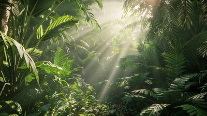 The morning sun pierces through the jungle canopy. The vibrant leaves are bathed in gentle light.