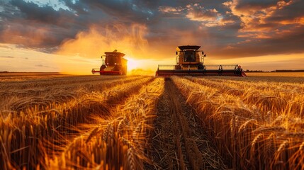 Combine harvester at dusk in a golden wheat field, transferring grain to a tractor, silhouette