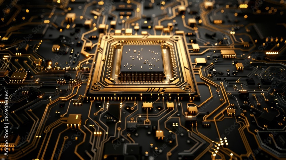 Poster cpu microchip 3d illustration with detailed gold circuit patterns on a black background, perfect for