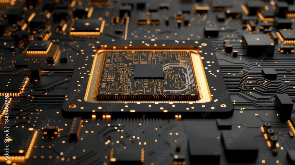 Poster cpu microchip 3d illustration with detailed gold circuit patterns on a black background, perfect for
