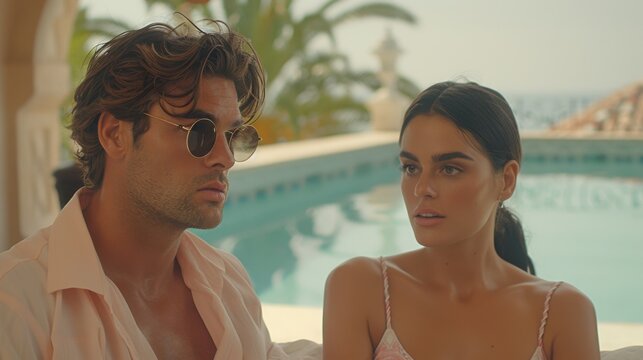 A young man and woman are sitting by a poolside, dressed in casual summer attire. The scene depicts a relaxed, sunny day in a tropical setting.