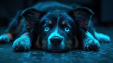 A dog with striking blue eyes lies on the floor, looking up with a cinematic, dramatic lighting that enhances its features.