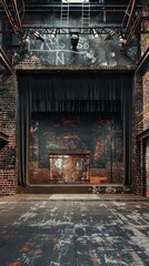 Empty stage with red seats and brick walls in a theater.