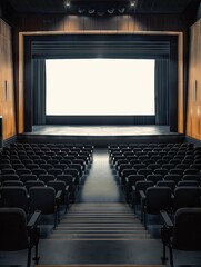 Empty theater auditorium with blank screen, ready for a performance or movie.