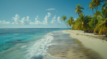 Aerial view of a turquoise ocean and a palm-fringed beach. The vibrant blue water meets the sandy shore, with palm trees swaying under a clear sky.