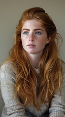 Portrait of a person with long red hair and blue eyes, gazing thoughtfully. The background is neutral, emphasizing the natural and cinematic look.