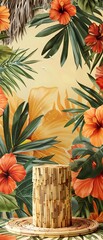 Tropical background with wooden candle and vibrant flowers