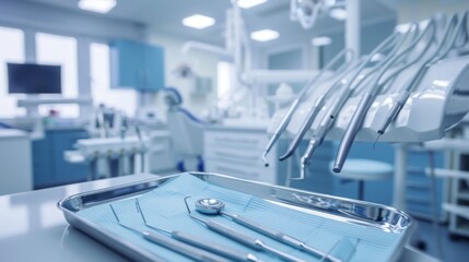 Dental tools in clinic with dentist preparing for dental care session for a client