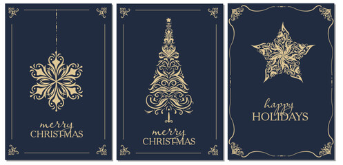 Traditional corporate holiday cards on a blue background with a Christmas gold tree made of curls and monograms. star, snowflake, copy space. Universal art templates.