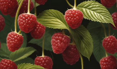 ripe raspberries weigh down the stem of the plant, on the foni of the foliage
