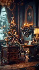 Fototapeta premium A luxurious office decorated for the holidays with a Christmas tree, garlands, a chandelier, and a large wooden desk adorned with festive ornaments.