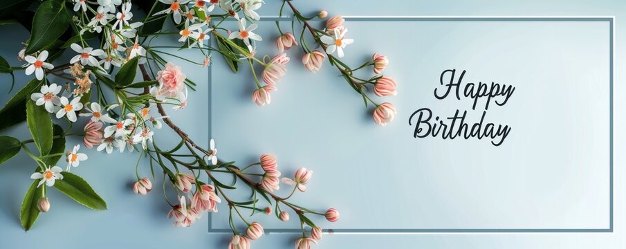 Minimalistic birthday card design with floral decoration and happy birthday text