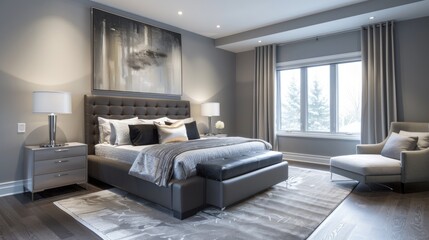 Sleek and stylish, this modern gray bedroom offers a sophisticated retreat with contemporary furnishings and minimalist design.