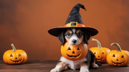 group of dogs in ghost costumes posing for Halloween outdoors in autumn.  Cute dog wearing halloween costume