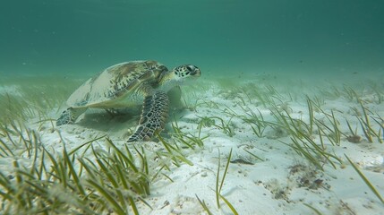 Obraz premium A green turtle moving across seagrass and white sandy bottom