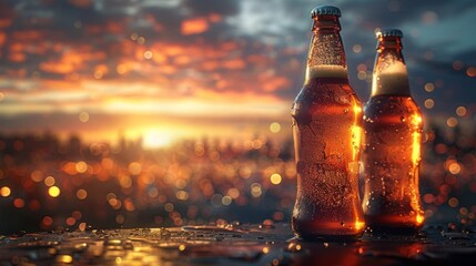 Bottles of cold beer on a blurred background of city sunset lights. low-alcohol fresh drink. A place to copy.