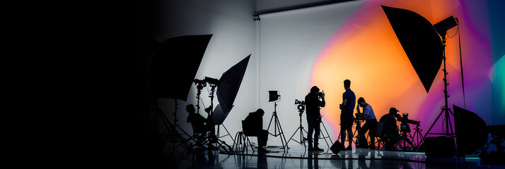 Silhouette of video production behind the scenes or B roll or making of TV commercial movie that film crew team lightman and cameraman working together with director in big studio with pro equipments