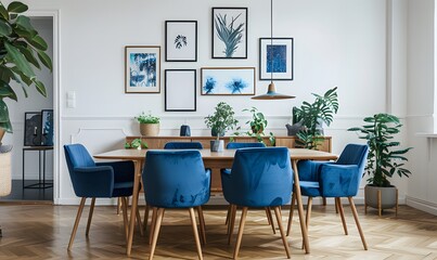 Blue chairs around a wooden dining table in a white room with a sideboard and plants. Scandinavian home interior design ai generative