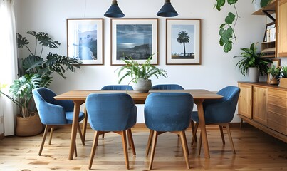 Blue chairs around a wooden dining table in a white room with a sideboard and plants. Scandinavian home interior design ai generative