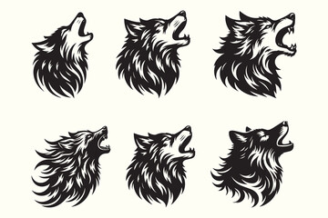 Obraz premium Set of Wolf's head Howling silhouettes vector illustration. Black and white