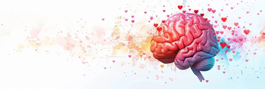 Horizontal banner. World Brain Day. Human brain with red hearts around on a white background. Mental health concept. Free space for text, copy space