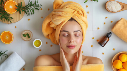A relaxed woman enjoying rejuvenating facial  treatment and spa, body scrub with salt and vitamin C, facial care and skin care wellness.