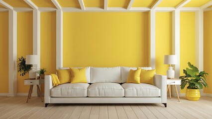 A bright, cheerful living room with a vibrant yellow theme