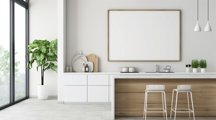 Modern kitchen featuring white cabinets, a spacious island with bar stools, green plant, and a large blank canvas for artwork.