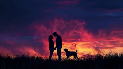Fototapeta premium Sunset dusk silhouette of dog with lovely couple in outdoor park