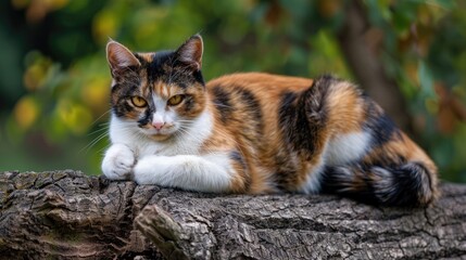 Calico cat with a tortoiseshell pattern relaxing on a tree trunk