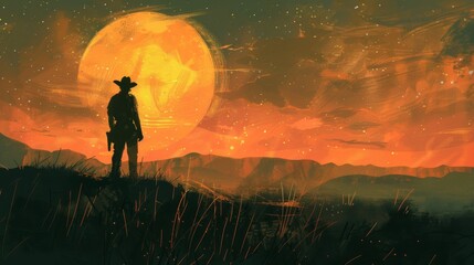 Fototapeta premium Horizontal banner. World ranger day. A ranger in the mountains at sunset inspects the territory of the reserve. Protecting nature, helping tourists