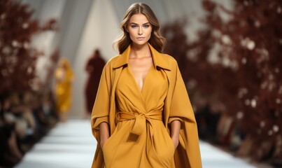 model woman in coat walking in catwalk fashion show