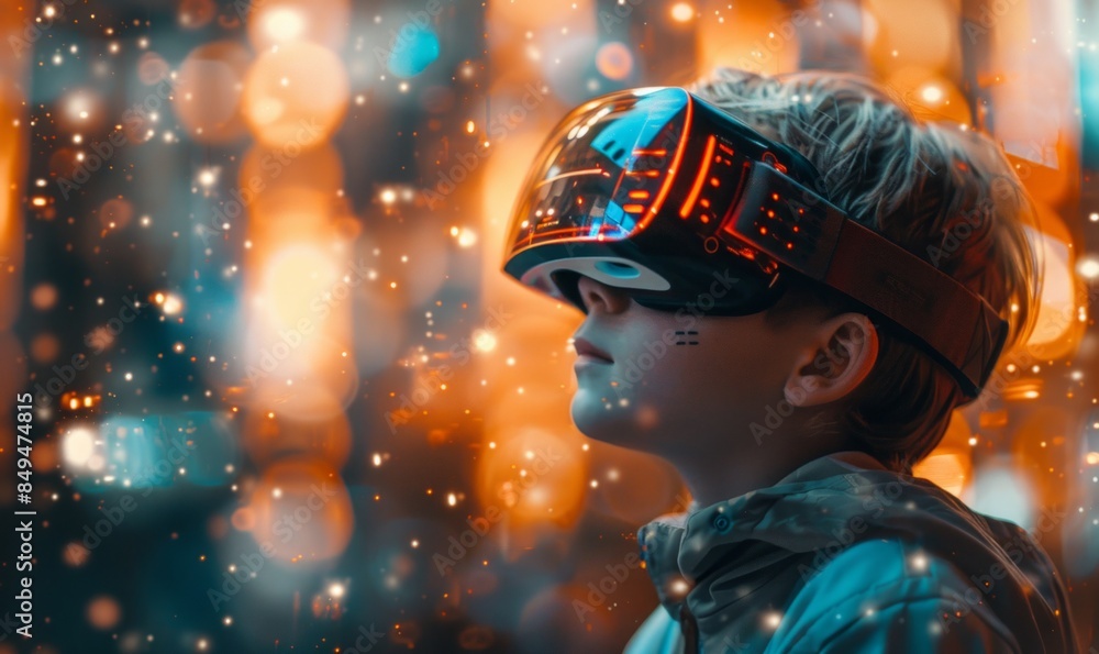 Poster little boy in futuristic goggles interacting with virtual reality while exploring cyberspace in brig