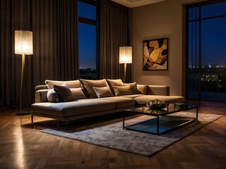 Elegant Nighttime Living Room with Sofa, Floor Lamp, and Parquet Flooring