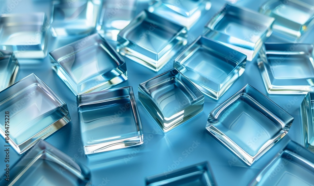 Poster abstract background of transparent glass blocks in different shapes on blue surface
