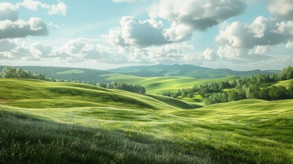 Obraz premium Rolling Hills under a Clear Sky. The landscape features lush green meadows with scattered clouds.